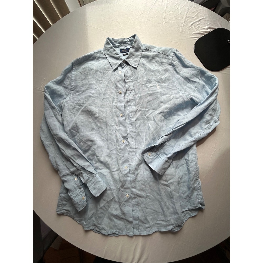 Polo Ralph Lauren Mens XL Relaxed Fit Linen Button Down Shirt Light Blue Pony